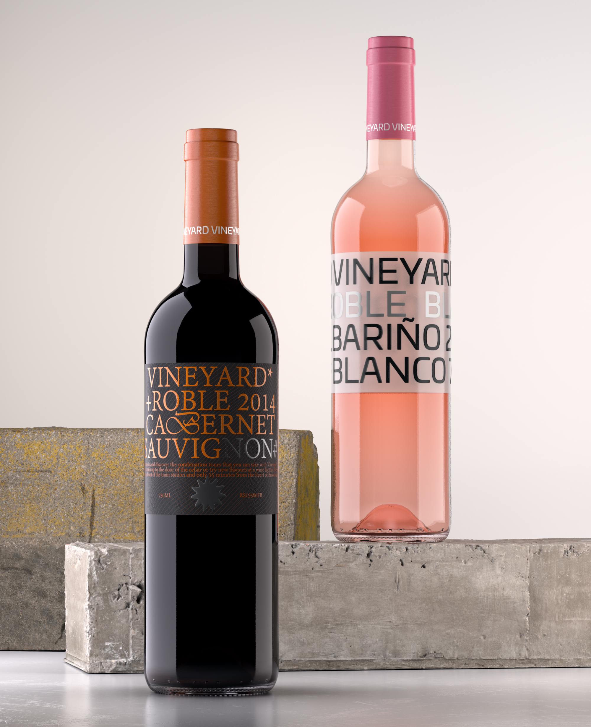 Photorealistic render of wine bottles - Bottle label and display design